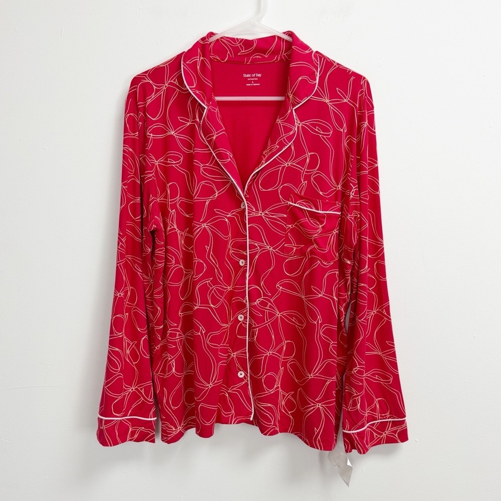 State of Day Pajama Shirt Womens Large Red Button Front Collared Sleep Bows NWOT